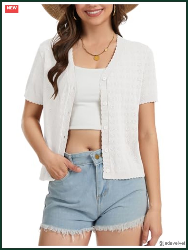 100% Viscose Crochet Shrug Cardigan Short Sleeve V-Neck Button Down Lightweight